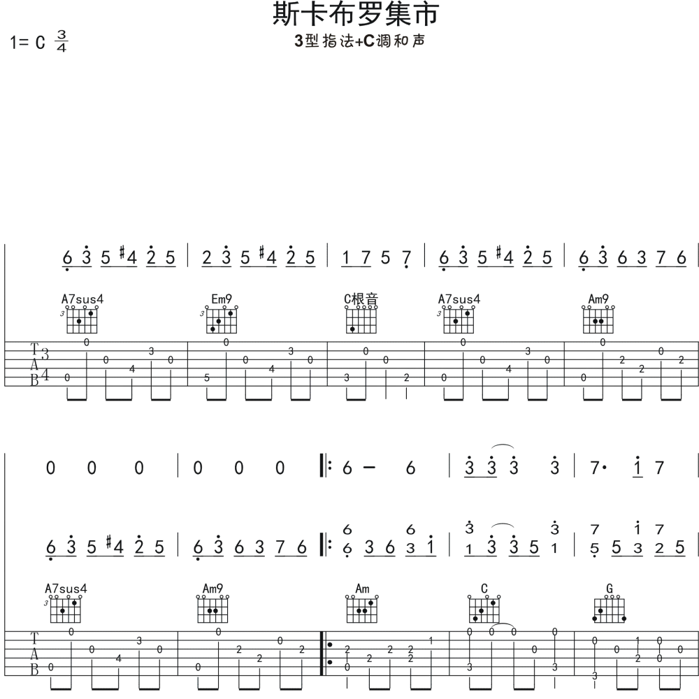 斯卡布罗集市吉他简谱_斯卡布罗集市弹唱版1调六线吉他谱 虫虫吉他谱免费下载